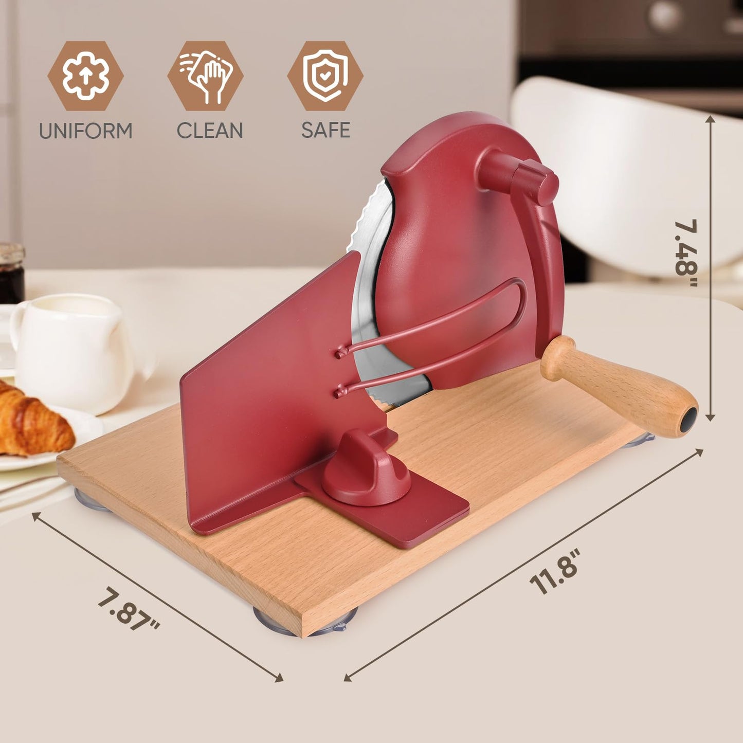SOWKIPE Manual Bread Slicer with Hand Crank, Classic Home Bread Slicer for Homemade Sourdough, Rotary Slicer with Adjustable Thickness, Premium Stainless Steel & Powerful Suction Cups (Red)