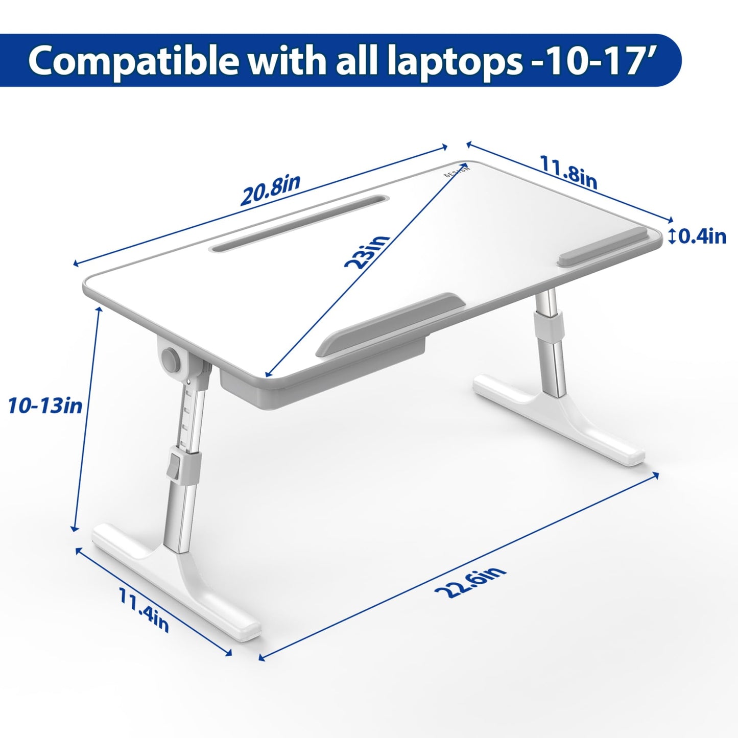 Besign LT05 Adjustable Laptop Table, Lap Desk, Portable Standing Bed Desk, Foldable Sofa Breakfast Tray, Notebook Computer Stand for Reading and Writing, Medium Size, White
