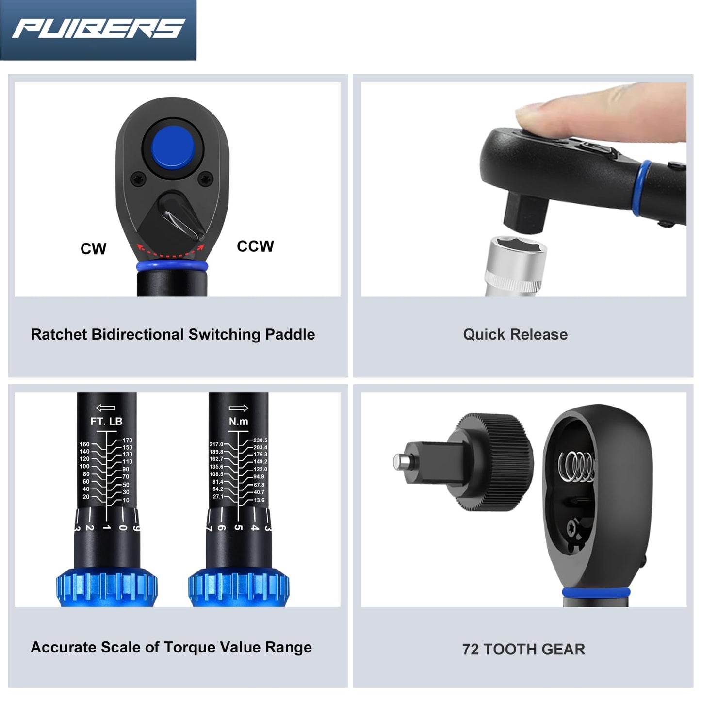 PUIBERS Torque Wrench Set 1/2 3/8 1/4 inch Drive Click, 3Pcs Torque Wrenches 10-170 FT.LB,5-50FT.LB,20-240IN.LB, Inch pound Torque Wrench with 3 Pcs Adapter for Bike,Car, Truck,Tractor