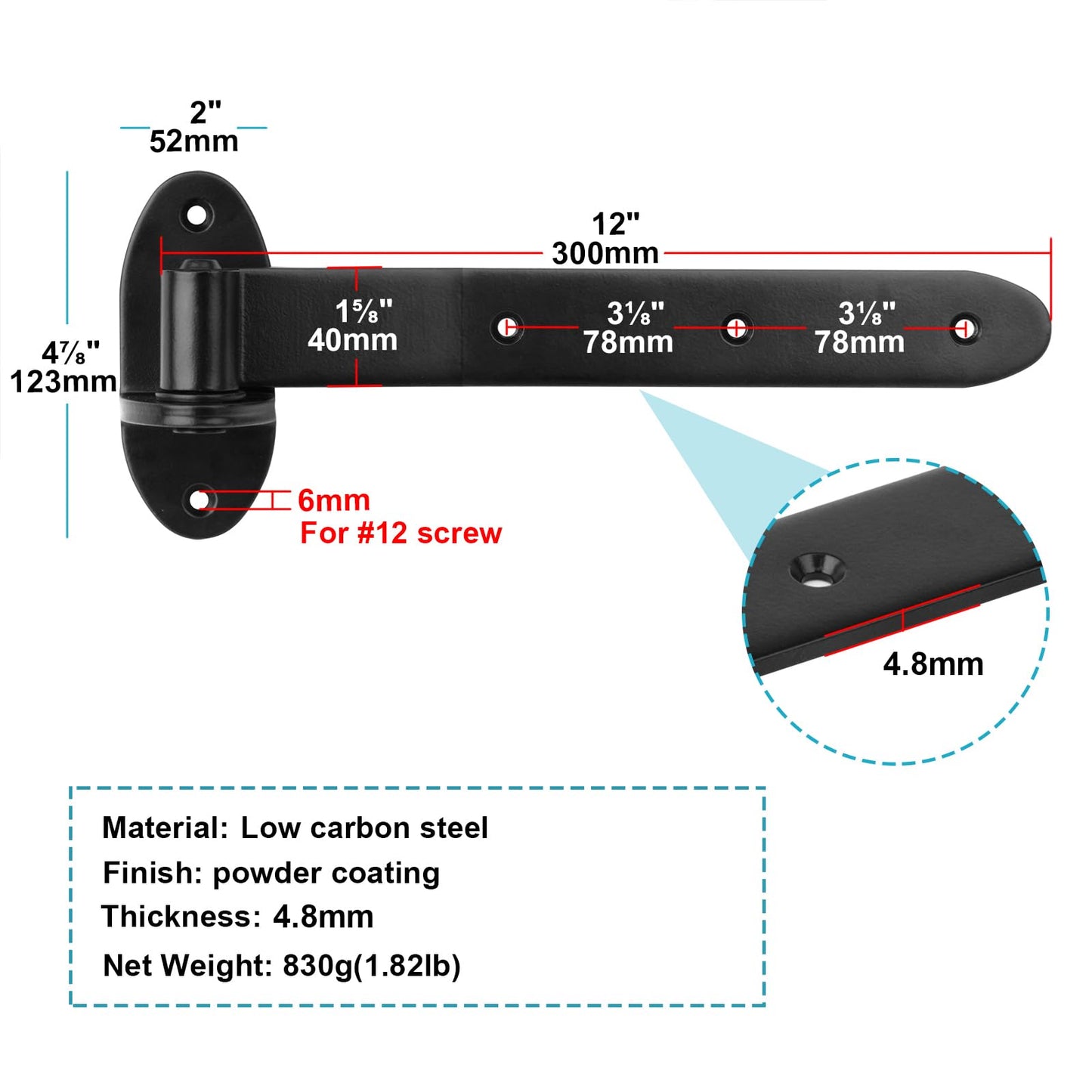 MOUNTAIN_ARK 4 Pack 12" Black Strap Gate Hinges, Heavy Duty T Shape Cranked Band Lift Off Door Hinge for Shed Barn Fence with Removeable Pin, 3/16" Thick