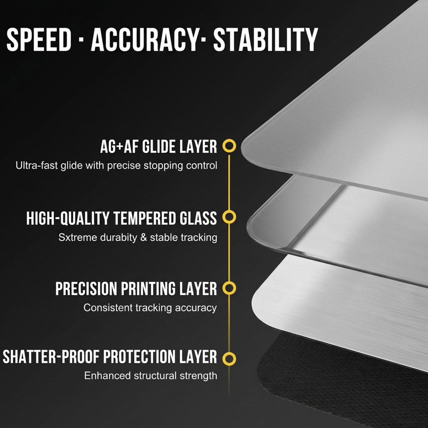 YOGARS Glass Gaming Mouse Pad, 19.7"x15.7" Large Glass Hard Mousepad for Esports, Ultra-Smooth Micro-Etched Surface Speed & Control, with Anti-Slip Base, Easy Clean Scratch Resistant (Black)