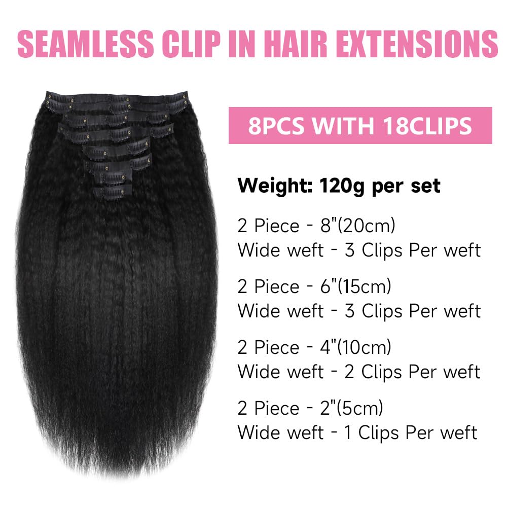 Seamless Clip In Hair Extensions Human Hair Invisible Pu Skin Weft Kinky Straight Seamless Clip Ins For Black Women Real Human Hair Extensions 8pcs With 18clips Per Set 120g (16inch,Natural Black)