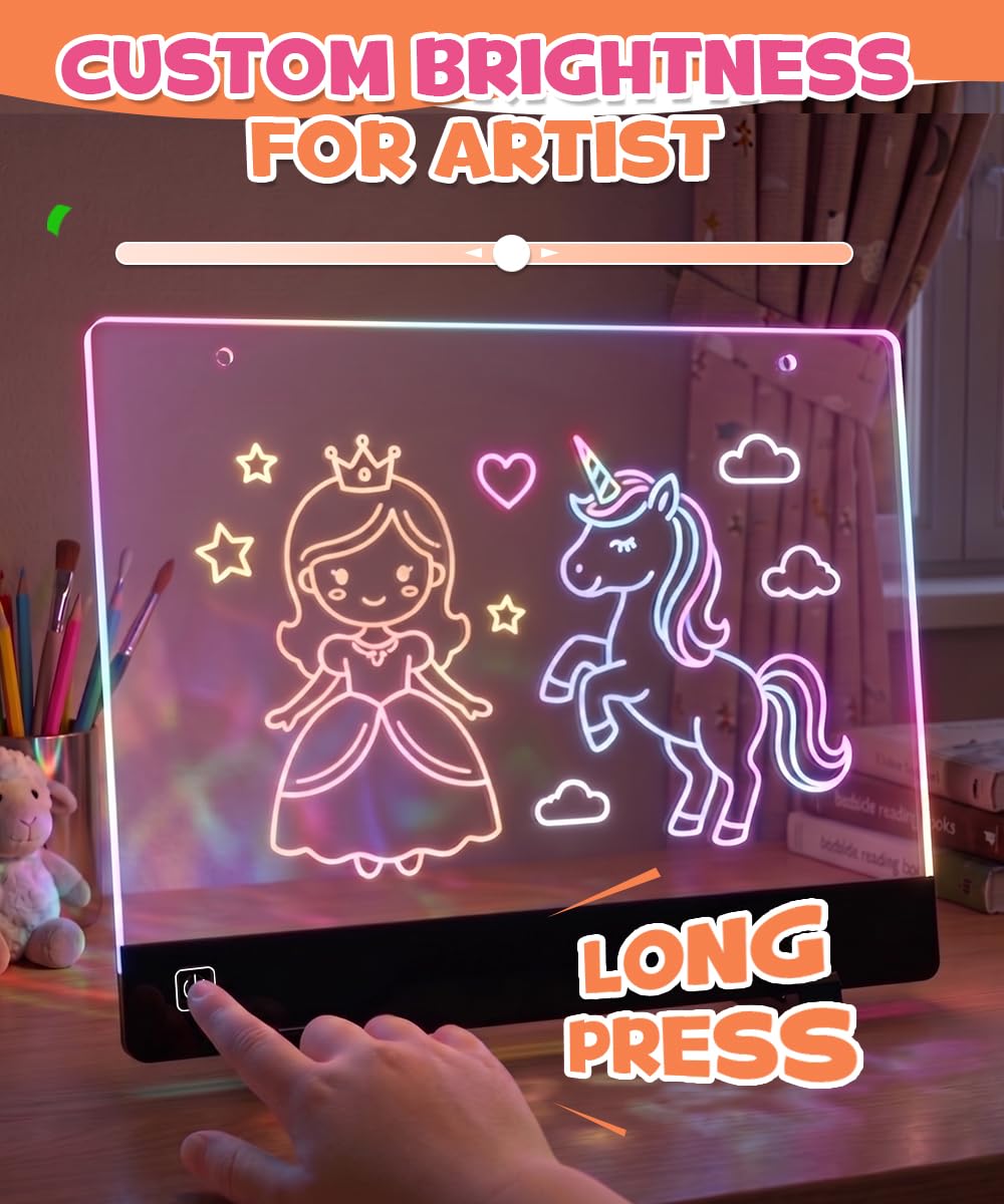 Rechargeable LED Drawing Board for Girls, 10" Glow Doodle Pad, 45H Long Last, 4 Modes Neon Light Up Coloring Tablet with 7 Pens, Princess Art Craft Set, Birthday Gift, Toys for Girl 4 5 6 7 8 Year Old