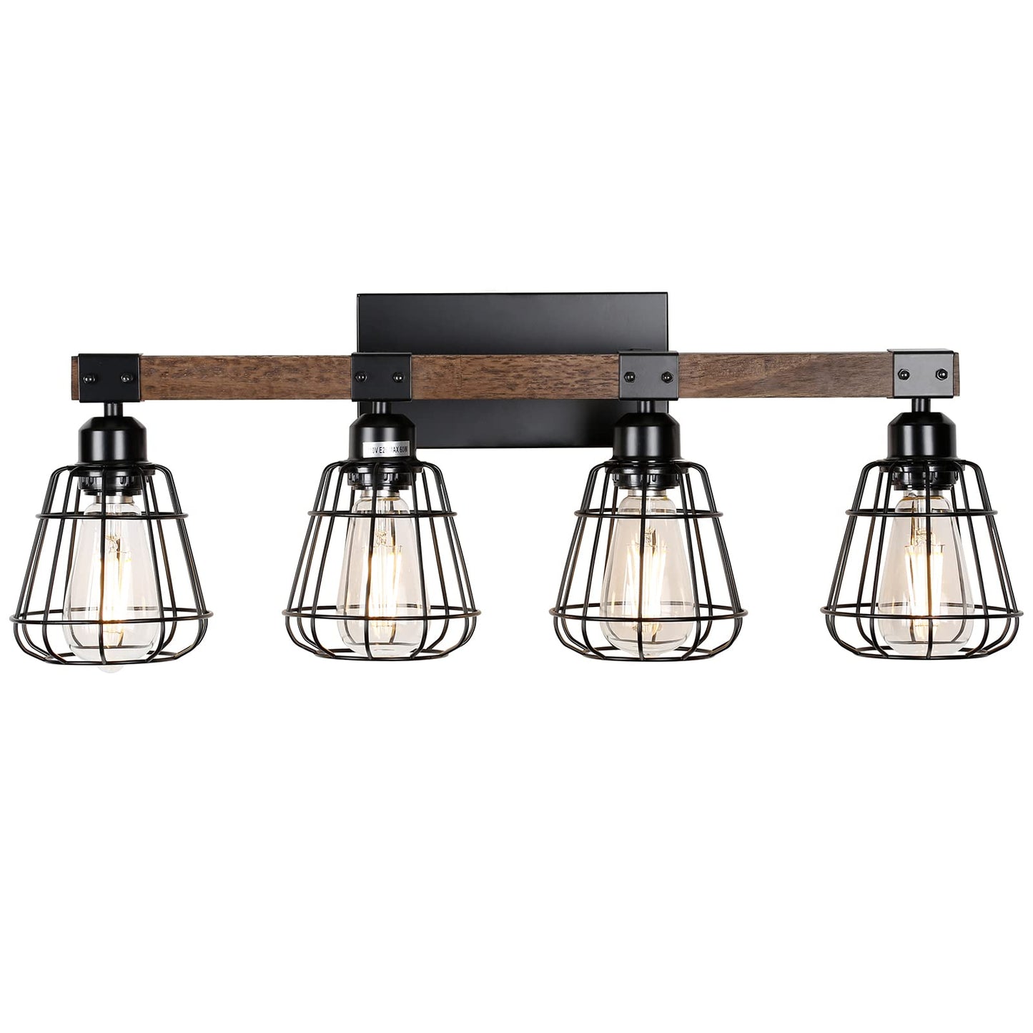 TELAFLY Bathroom Vanity Light Fixture,Rustic 4-Light Wood Wall Light,Industrial Bathroom Lighting Fixture Over Mirror,Modern Matte Black Metal Cage Wall Sconce for Hallway,Kitchen,Bedroom