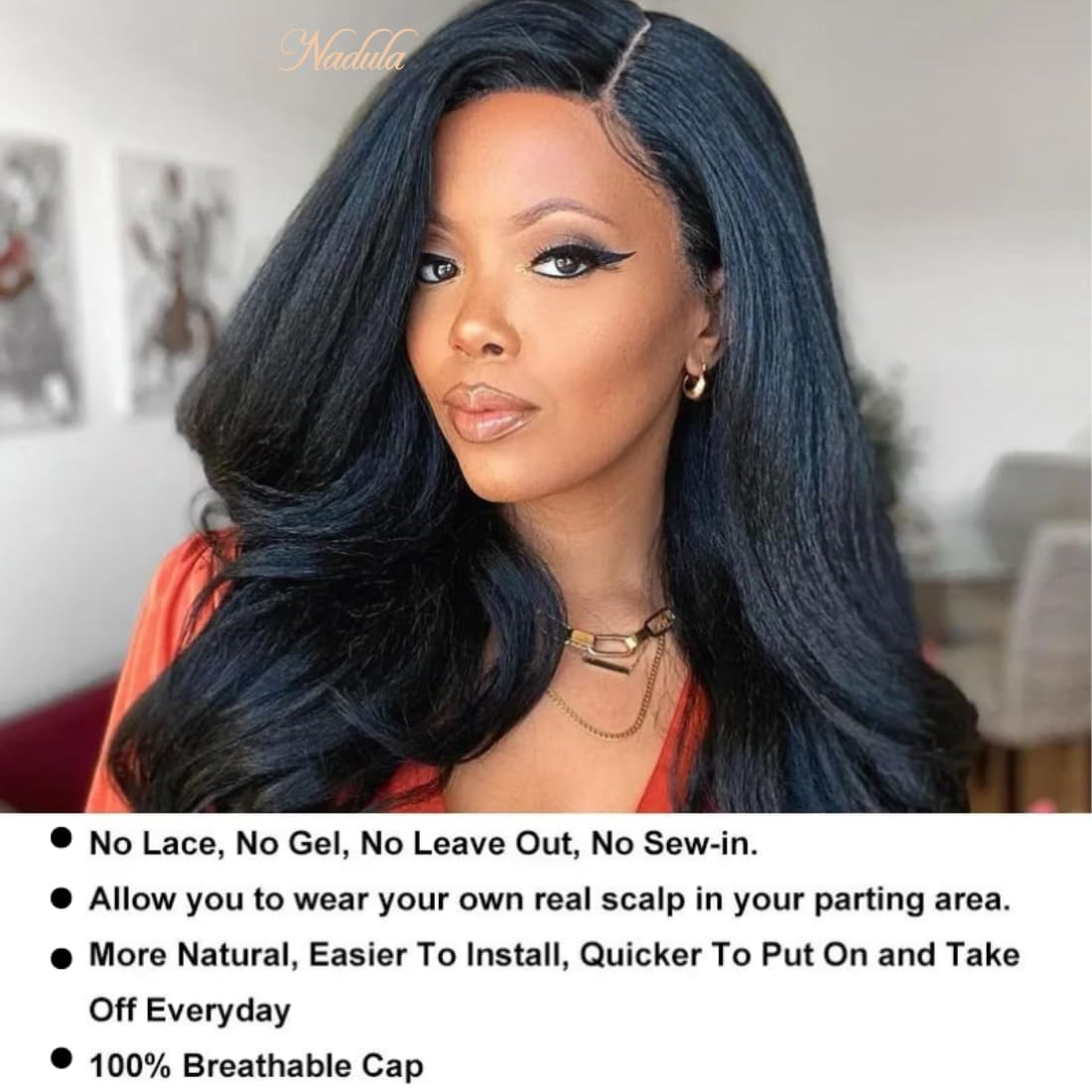 Nadula V Part Wig Yaki Straight Human Hair No Leave Out Glueless Upgraded U Part Wigs for Women,10A Yaki Straight V-part Wigs V Shape Clip in Half Wig Ready to Go 150% Density 16inch