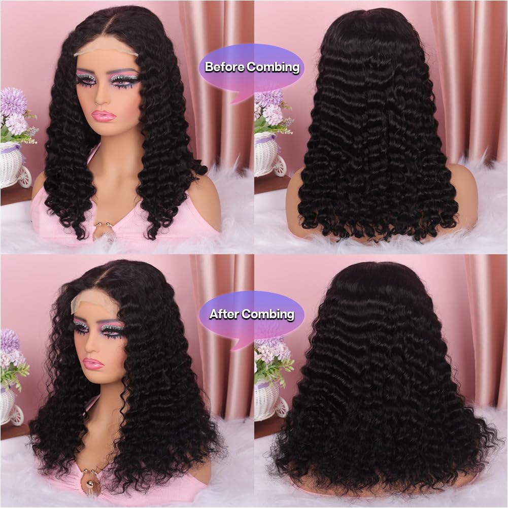 omswet 5x5 Deep Wave Closure Wig HD Lace Human Hair Wigs for Black Women Human Hair Glueless Wigs Human Hair Pre Plucked Deep Wave BOB Wig Wet and Wavy Wigs Human Hair Curly Wigs 180 Density 16 Inch