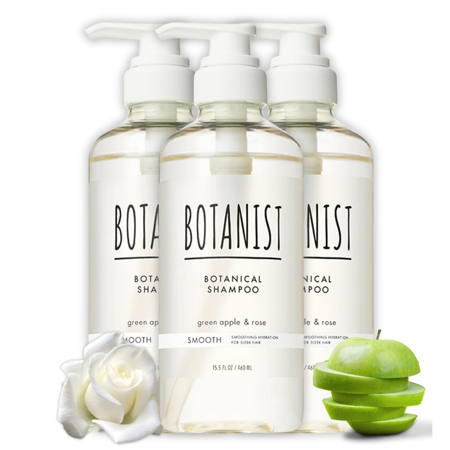 Botanist Organic Shampoo for Dry Frizzy Hair, Anti Frizz Shampoo with Macadamia Nut & Argan Oil for Women & Men & Kids, Silicone & Paraben Free, From Japan, SMOOTH, Green Apple & Rose,15.5 Fl Oz, 3EA