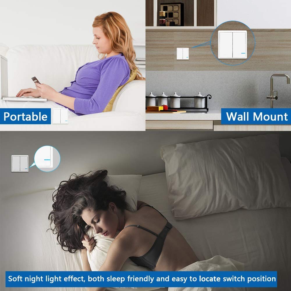 Thinkbee Wireless Light Switch and Receiver Kit, Outdoor 1969ft Indoor 130ft, No Wiring, No WiFi, Remote Control for Led Light Wireless Panel Switch, IP66 Waterproof (2 Gang Switch 2 Receivers kit)