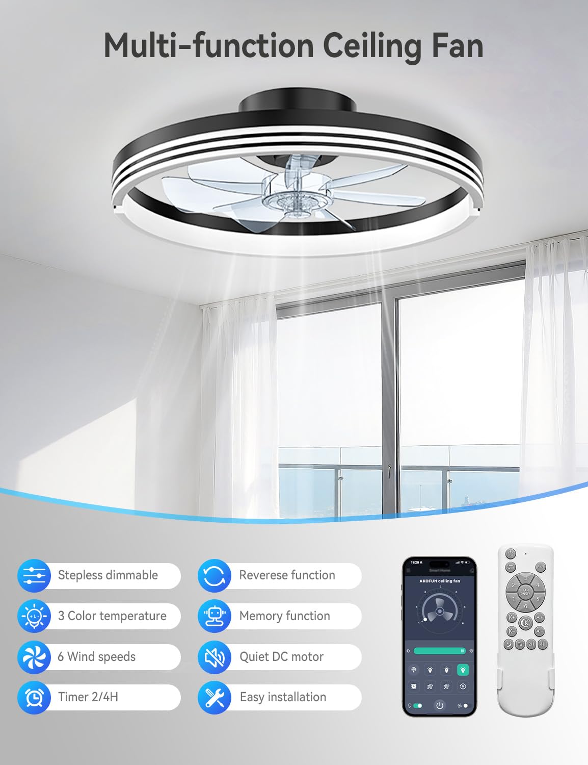 AKOFUN 18" Ceiling Fans with Lights and Remote, Low Profile Flush Mount Ceiling Fan with Light, 3000-6500K Dimmable LED Fan Light, Modern Bladeless Fandelier Ceiling Fans for Bedroom, Black Stripes