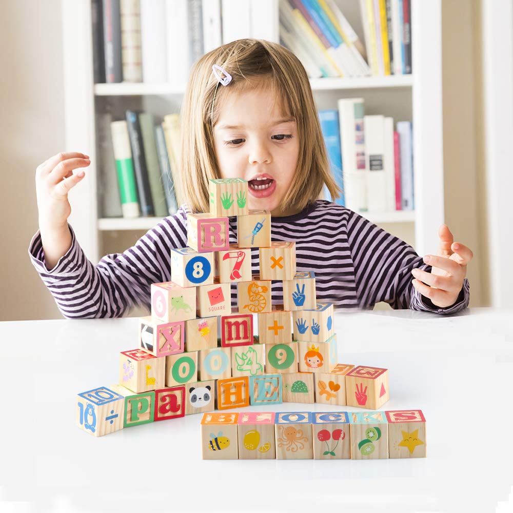 Gemileo - ABC Wooden Building Blocks for Toddlers 1-3 36 Pieces Wooden Alphabet Number Blocks for Stacking Learning Preschool Educational Montessori Sensory Toys for Kids
