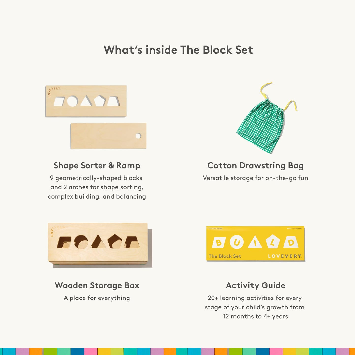 The Block Set by Lovevery – Solid Wood Blocks and Shapes + Wood Storage Box, 70 Pieces, 18 Colors, 20+ Activities