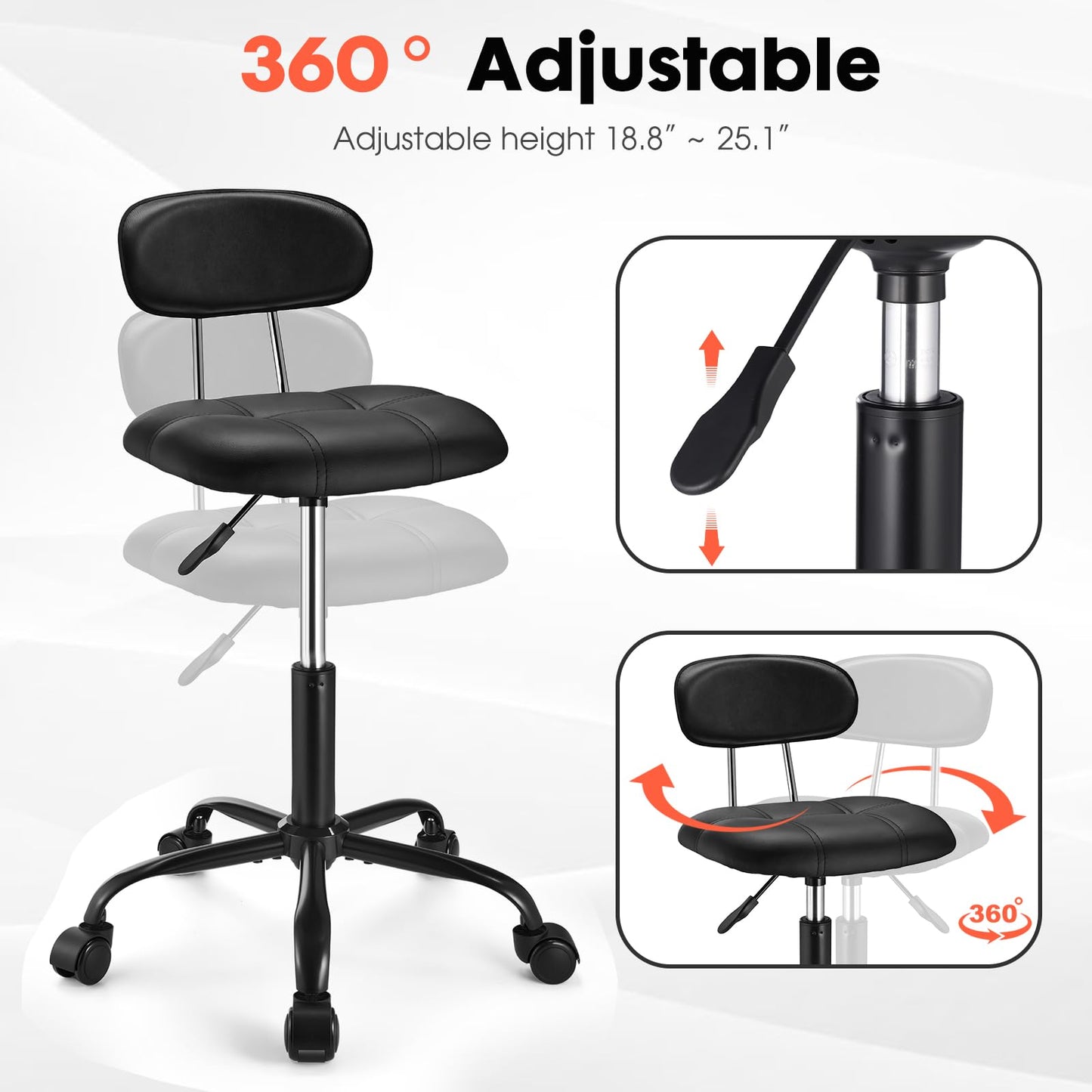 FNZIR Square Rolling Stool with Backrest Height Adjustable Chair Swivel Drafting Chair Stool Chair with Wheels Stable Base Foot Black