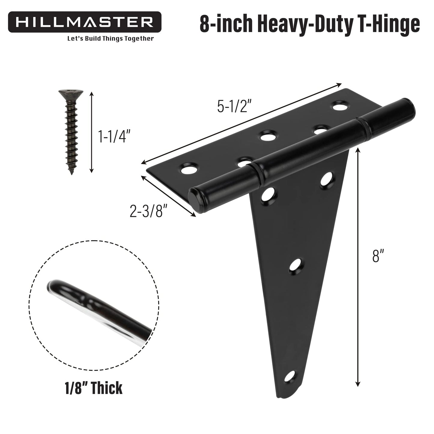 HILLMASTER 8 Inch T-Strap Heavy Duty Shed Door Hinges Gate Strap Hinges Black Tee Hinge Wrought Hardware for Wooden Fences,Yard,Barn Door,Rustproof (6 Pack)