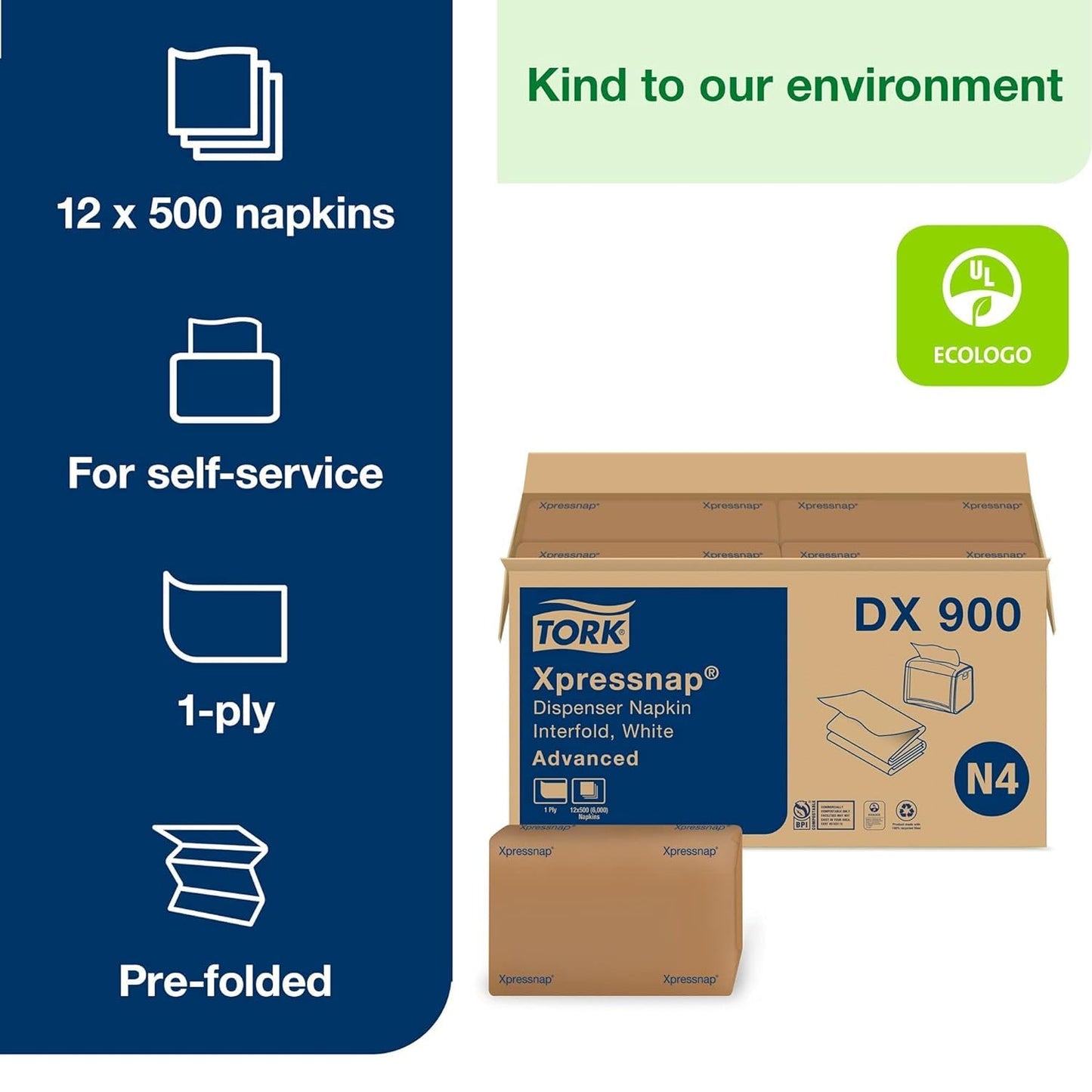 Tork Xpressnap White Dispenser Napkins N4 Advanced Interfold 1-Ply for Hygienic Dispensing 12 Packs of 500 (6000 Total) - (DX900)