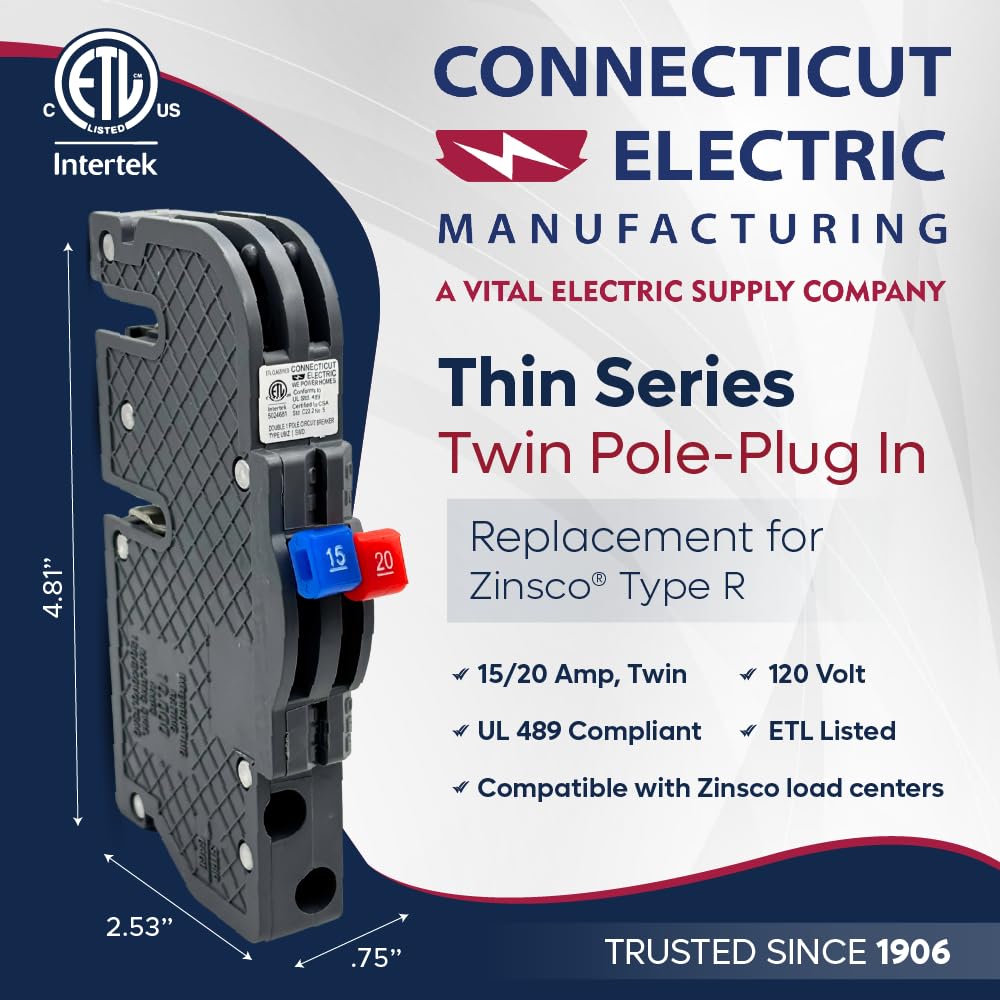 Connecticut Electric UBIZ1520 Newly Manufactured Zinsco R381520 Replacement, Twin/Tandem 15/20 Amp Thin Series Circuit Breaker, Gray