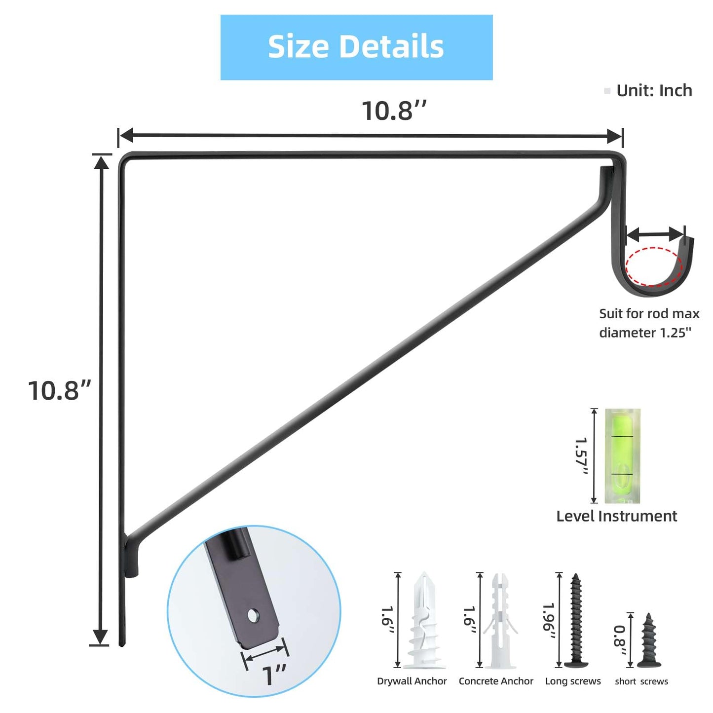 10-Pack Closet Rod Bracket, 10.8x10.8Inch Closet Shelf Brackets Heavy Duty Wall Mounted, Matte Black Steel Closet Rod Support Brackets Holder, 300 Lbs Load Capacity with Anchors Screws