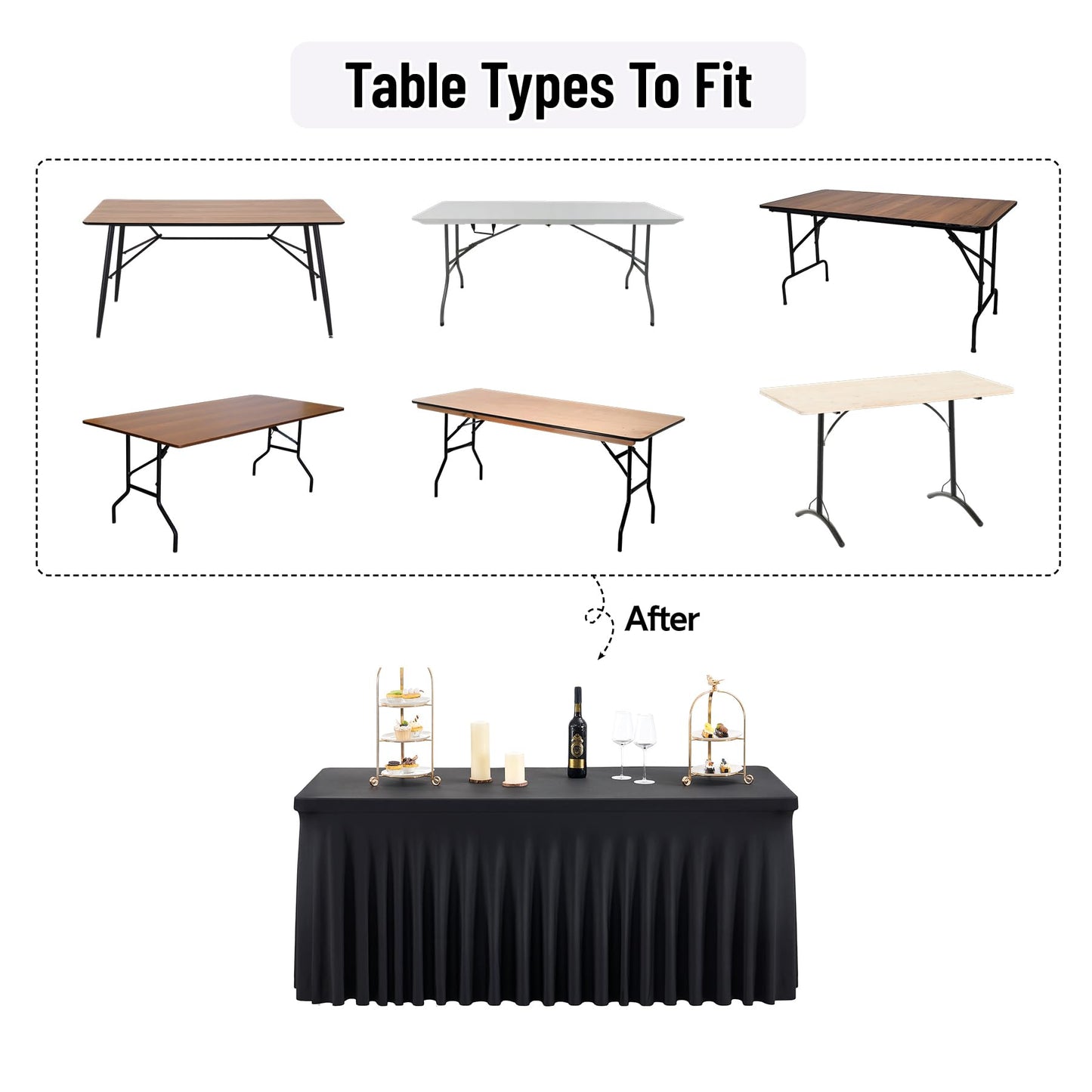 leegleri 4 Pack Black Spandex Table Cloths for 6 Foot Rectangle Tables, Wrinkle Free Stretch Fitted Tablecloths 6ft, Black Banquet Tablecloth with Skirt for Parties Weddings Birthday