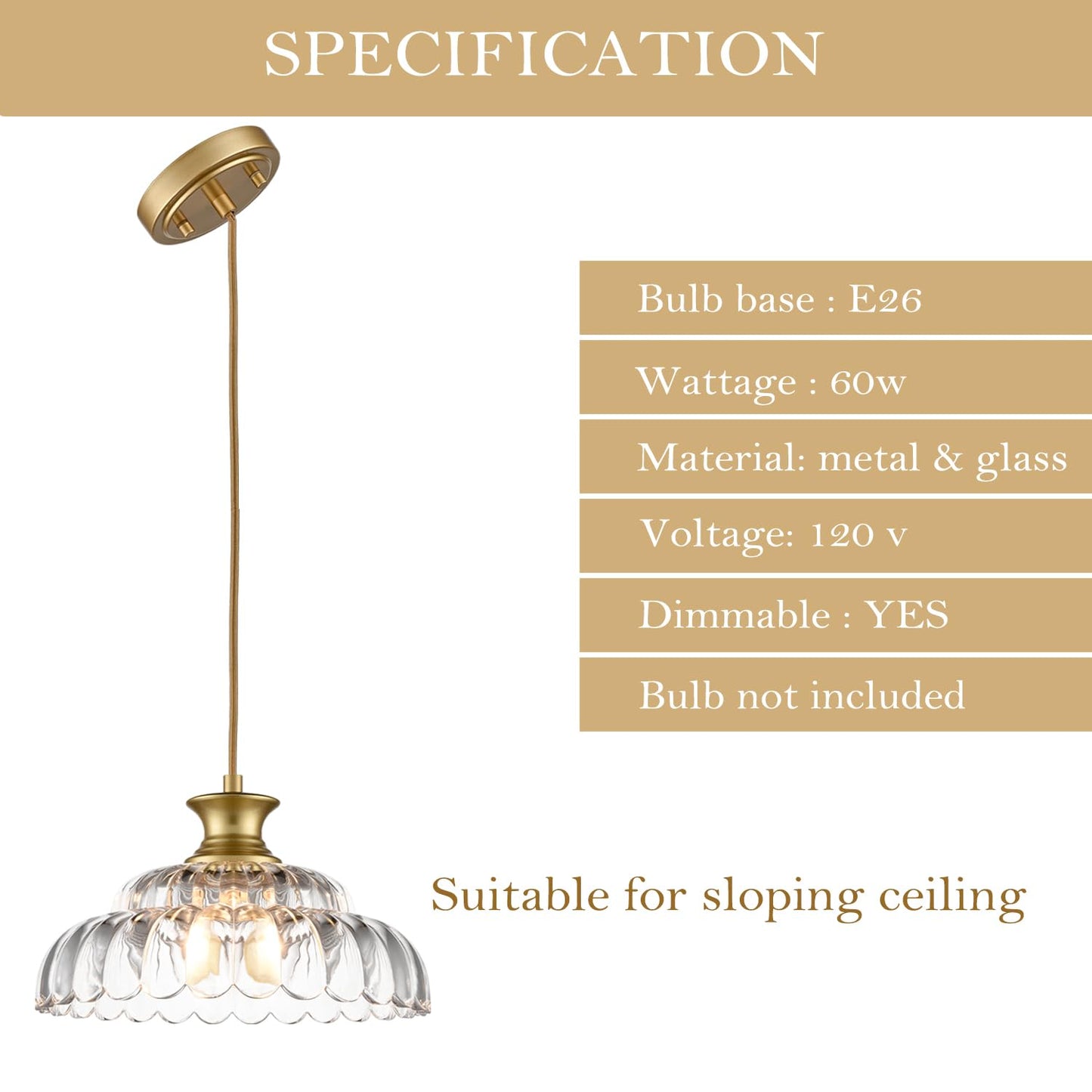 HYDELITE Vintage Glass Pendant Lights Kitchen Island Gold Pendant Light Fixture Modern Hanging Light Fixture for Dinning Room Bedroom Entryway