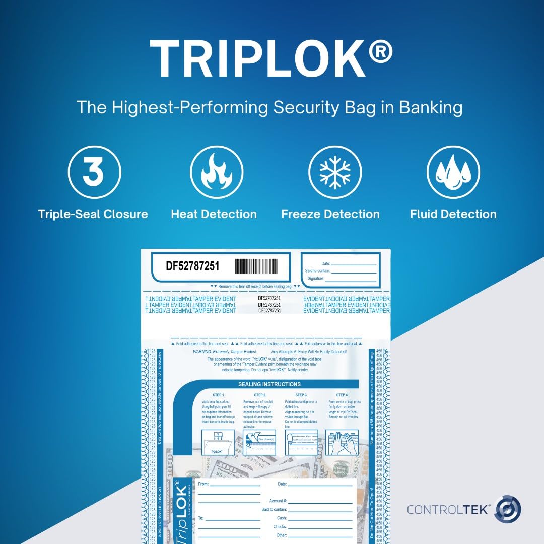 ControlTek TripLok Tamper-Evident Deposit Bags, Clear, 12" x 16", 100 Bags
