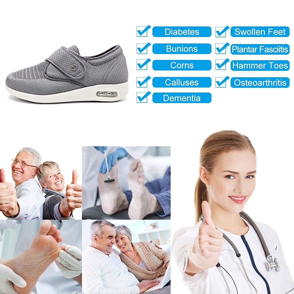 Orthoshoes Women's Diabetic Elderly Shoes Mesh Breathable Walking Sneakers Lightweight Adjustable Easy On and Off Strap Summer Slippers for Swollen Feet, Edema, Foot Pain, Bunions, Grey, 7