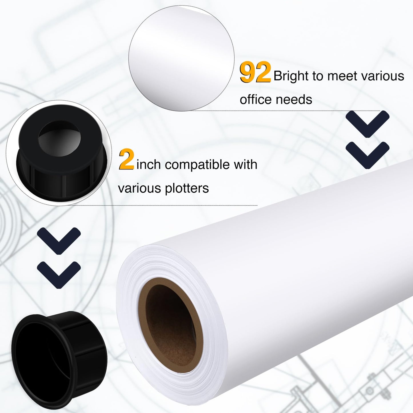 VOISEN Wide Format Paper,4 Rolls Plotter Paper 36 In x 150 Ft, CAD Bond Rolls,20lb,Bond Paper on 2" Core for CAD Printing on Wide Format Ink Jet Printers