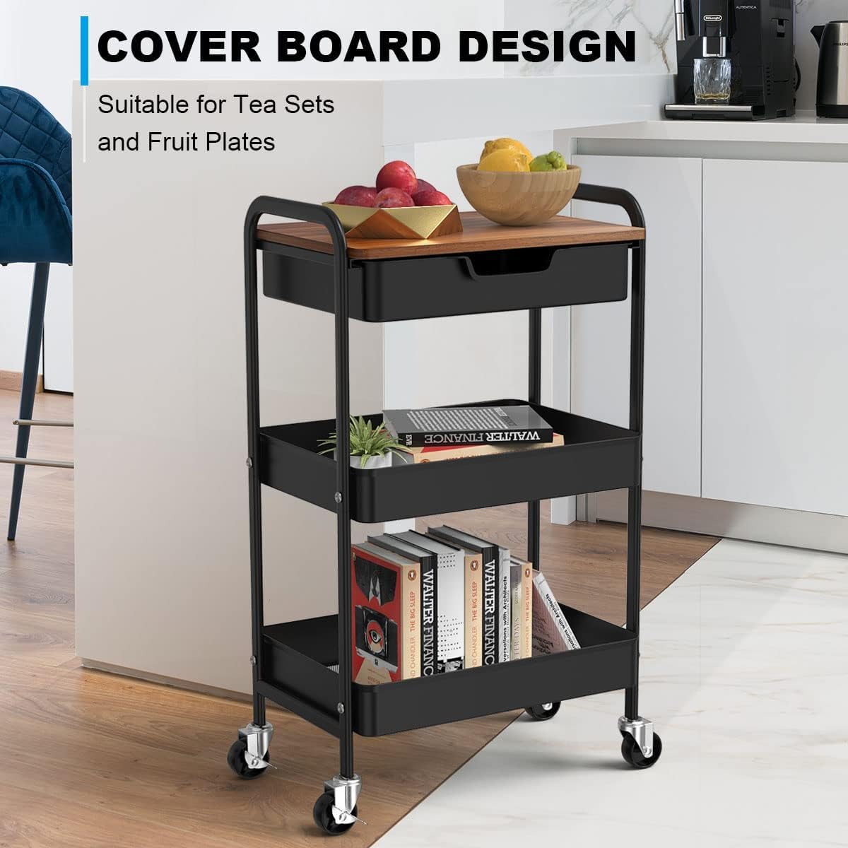 Aratan 3 Tier Rolling Cart with Drawer, Metal Utility Cart on Wheels Storage Cart with Wood Top, Kitchen Cart Art Cart Organizer for Bathroom Office Balcony Living Room