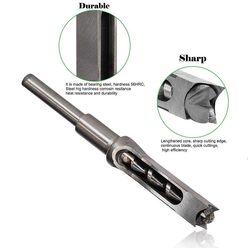 Square Hole Drill Bit, Steel Hardness Sharp Mortising Chisel Set 1/2-Inch, 1/4-Inch, 3/4inch, 3/8-Inch, 5/8-Inch, 5/16-Inch, 9/16-Inch Woodworking Mortiser Drill Bit-7pcs