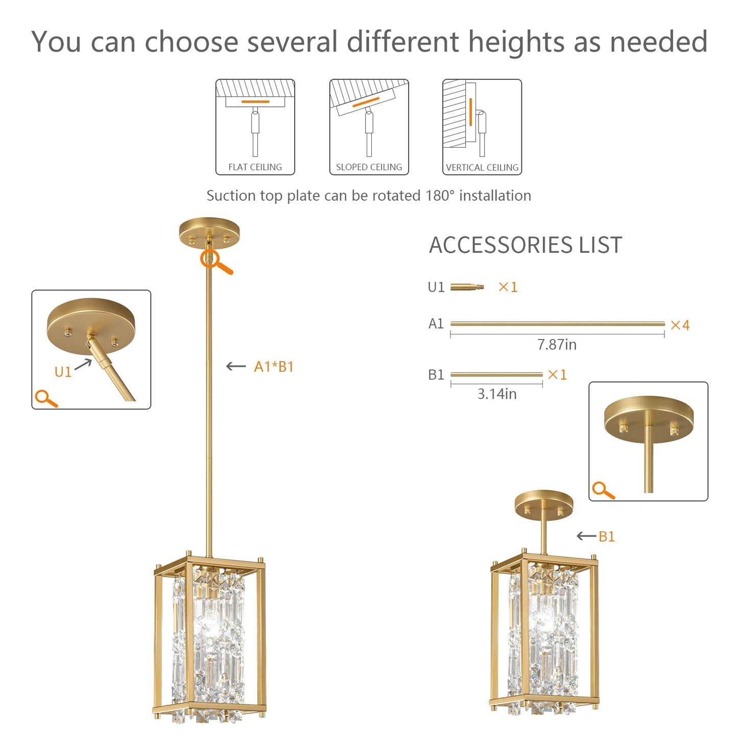 LMQNINE Modern Gold Pendant Light Fixtures for Kitchen Island, Crystal Chandelier Lights Fixture, Elegant Adjustable Pendant Lighting for Dining Room Bedroom (Square 1-Light)