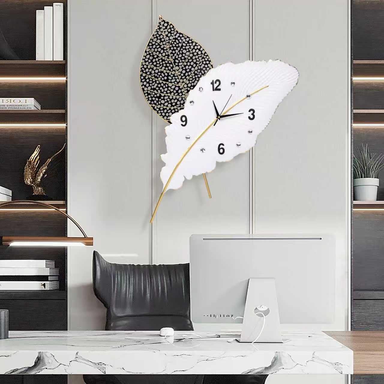 Anmotpe 18x27 inch Large Modern Feather Leaf Shape Wall Clock for Living Room Decor, White Unique Silent Decorative Art Clock for Home Bedroom Office Dining Kitchen