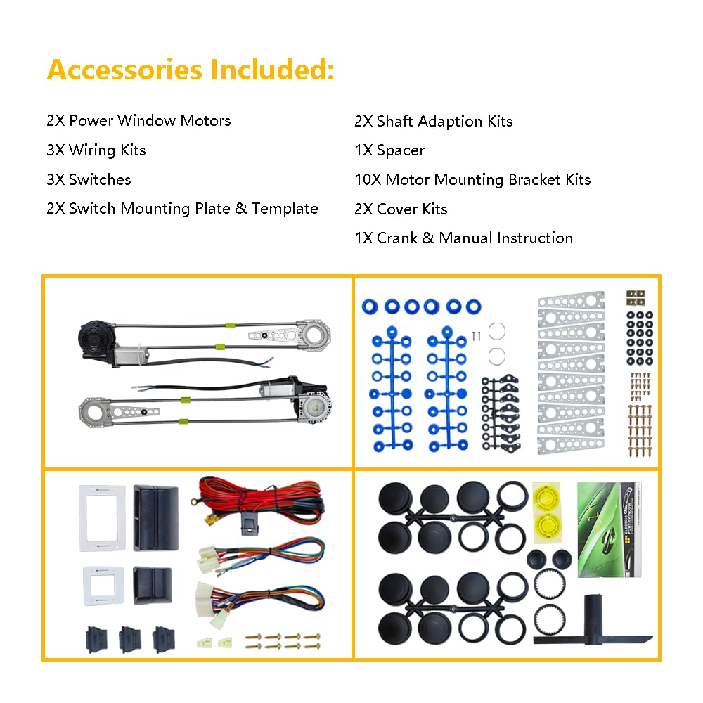 Universal 2-Door Power Window Conversion Kit Electric Power Window Lift Roll Up Regulator w/Switches, Wiring | Fit for 2-Door Vehicles with Manual Windows, Sedan, Pickup, Off-Road, Vans, SUV