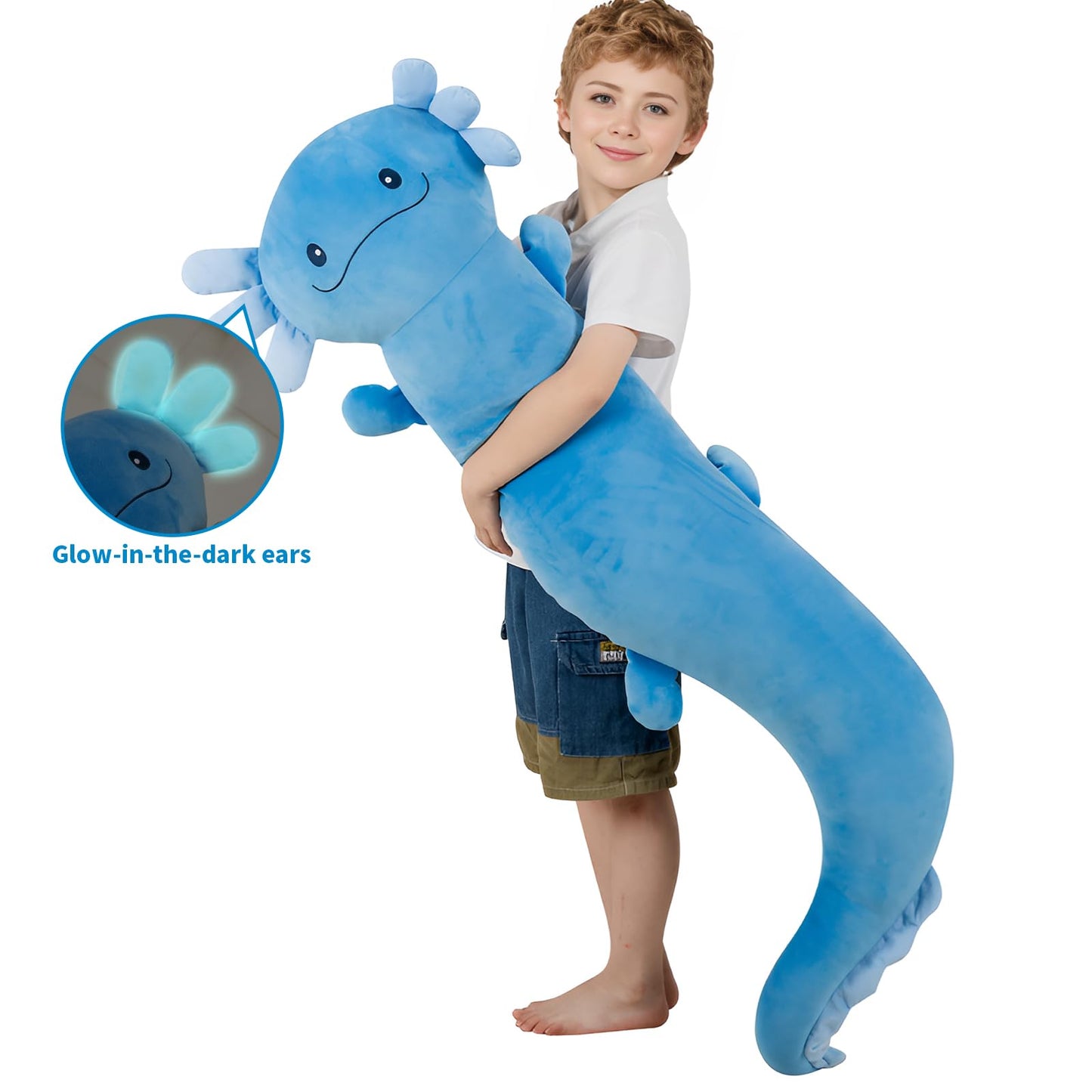48 inch Giant Axolotl Plush Stuffed Animal, Big Blue Axolotl Glow in The Dark Fluorescent Plushies, Jumbo Salamander Body Pillow Gifts for Kids Adults, Birthday