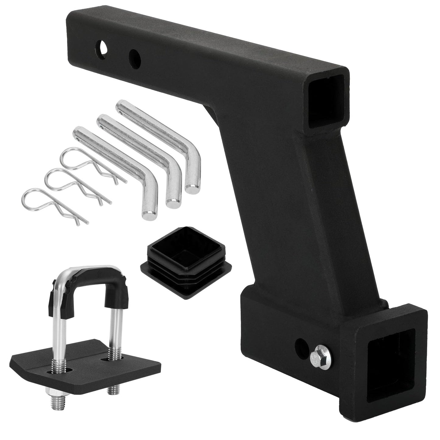 10000lbs 8-Inch Hitch Receiver Extension Riser, 2 Inch Receiver with 8 Inch Drop, Adjustable 9" or 11" Length, Dual Pinhole Design, 3-Pack Hitch Pins and Universal Trailer Cap, Black
