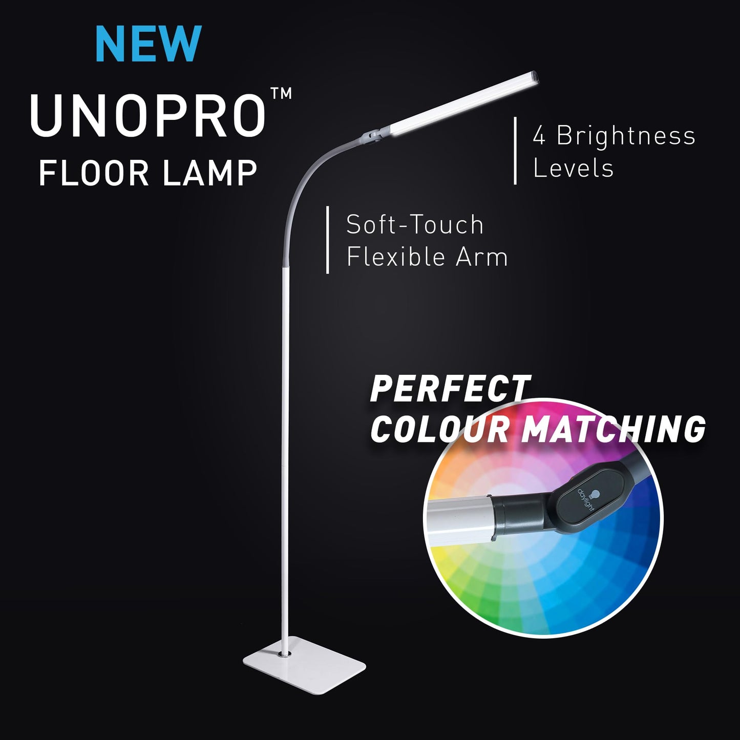 daylight Company Uno Pro Floor lamp, Standing Lamp for Living Room, Bedroom, Salon, Office, Touch Control, Flexible Arm, Sleek Design, White