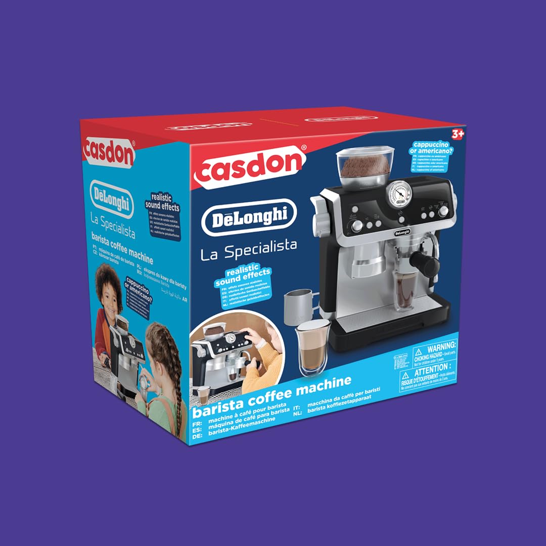 Casdon De'Longhi Toys - Barista Coffee Machine - Toy Kitchen Playset for Kids with Moving Parts, Realistic Sounds & Magic Coffee Reveal - for Children Aged 3+