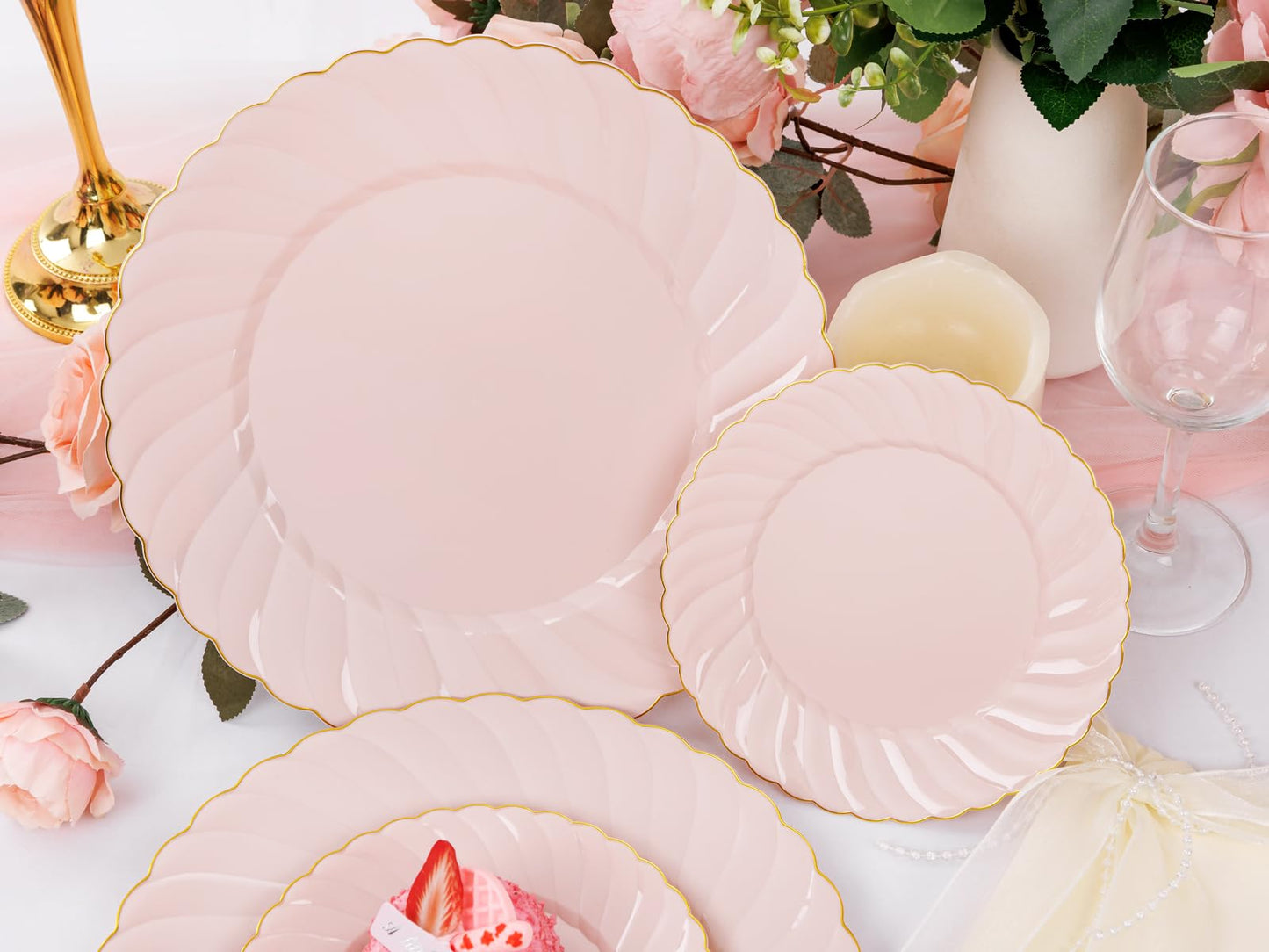 YOUBET 125Pieces Pink Plastic Plates with Gold Rim-Gold Plastic Silverware Include 25 Dinner Plates 25 Dessert Plates 75 Gold Silverwares for Wedding Birthday & Parties