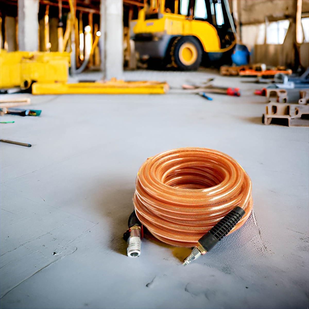 SANFU Polyurethane(PU) Reinforced 3/8”ID x 100ft Air Hose, 300PSI Wear Resistant With 3/8” Reassembled Industrial Quick Coupler and Plug, Bend Restrictor, Brown(100’)