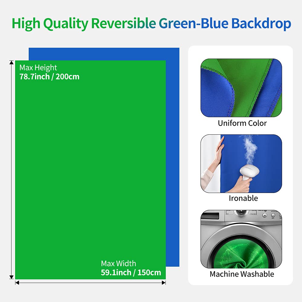 Blue Green Screen Backdrop Kit, HEMMOTOP 2-in-1 6.5x5 ft Green Screen Stand for Streaming,Blue Greenscreen Background with Adjustable Photo Backdrop Stand for Photography,Zoom with Carrying Case&Clips