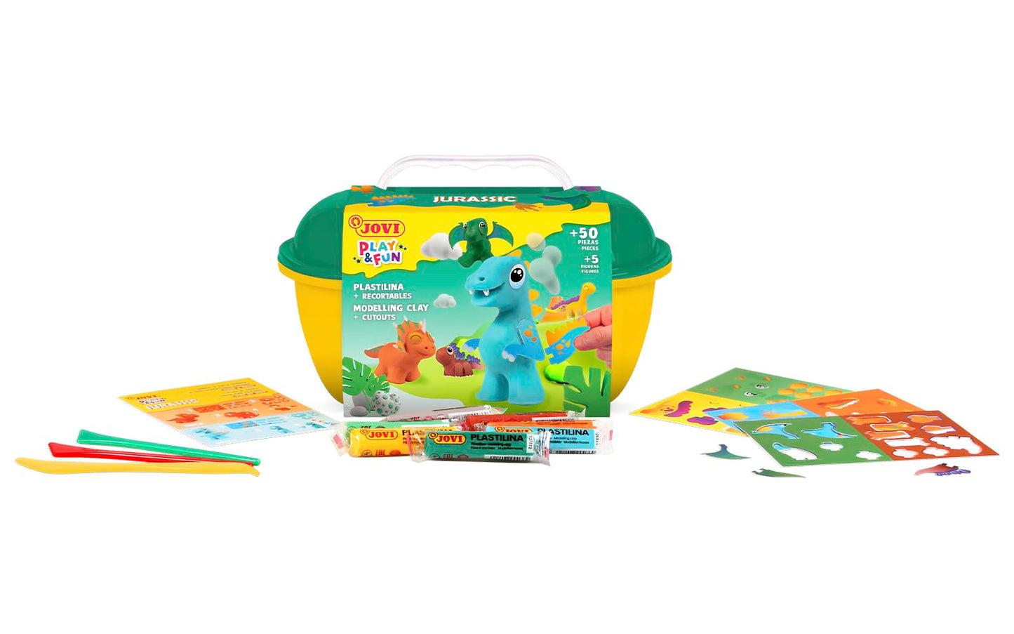 Jovi - Play&Fun JURASSIC Dinosaur Dough Kit, 24 x 15g Tablets, 3 Cutout Stencils and 3 Modeling Tools, Gifts and Crafts for Children Ages 3 and Up (2201)