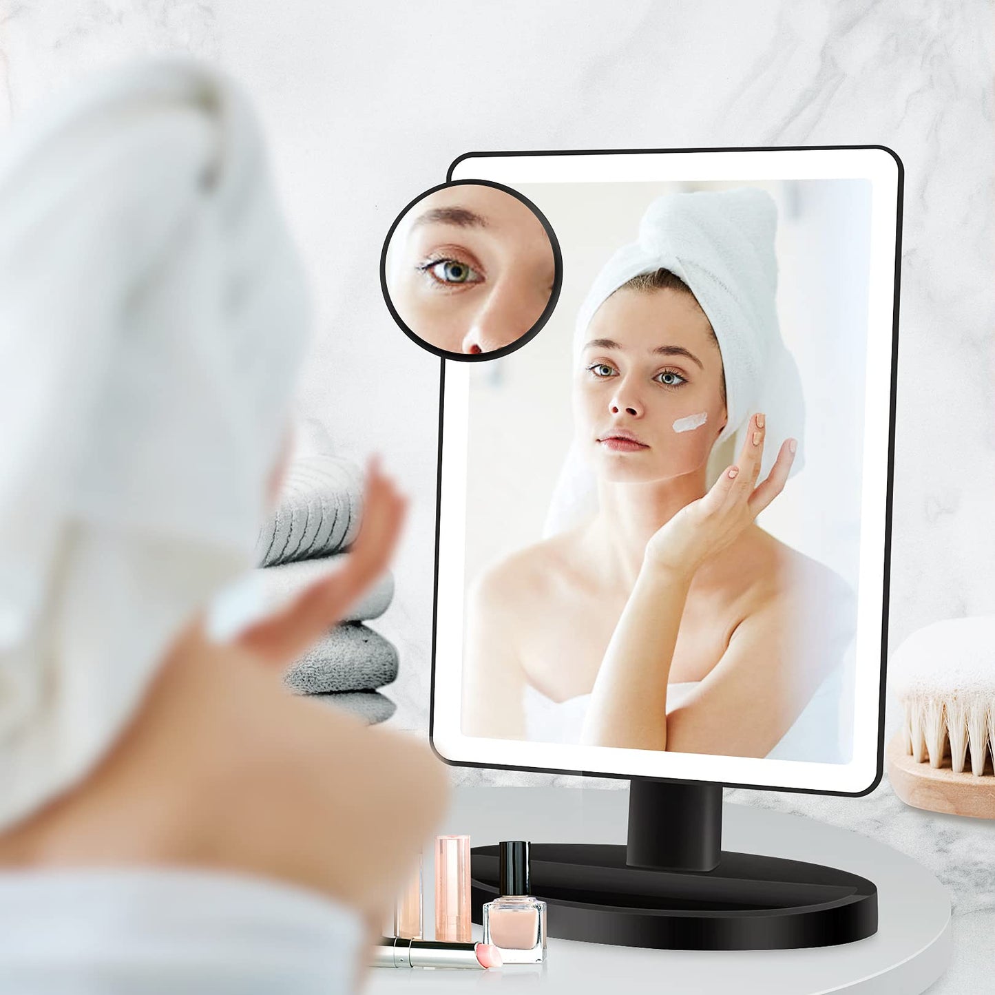 FUNTOUCH Large Lighted Vanity Makeup Mirror with Lights, 3 Color Lighting Modes Light Up Mirror with 88 LED, 360° Rotation Touch Screen and 10X Magnification Tabletop Cosmetic Make Up Mirror (Black)