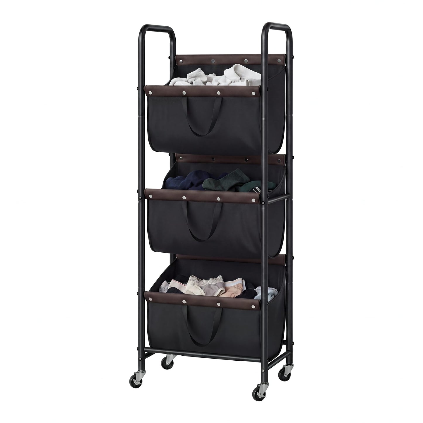 GRANNY SAYS 3 Section Tiered Laundry Sorter, Slim Vertical Laundry Hamper with Wheels, Narrow Rolling Laundry Cart with Removable Bags for Laundry Room, Bathroom, Closet, Dorm, Black
