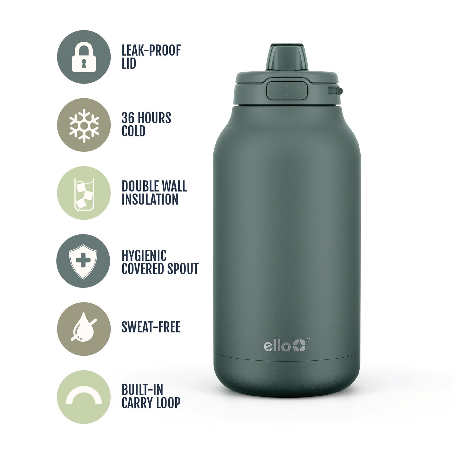 Ello Hydra 64oz Stainless Steel Water Jug with Locking Leak Proof Lid | Reusable Half Gallon Vacuum Insulated Metal Bottle with Silicone Straw, Keeps Drinks Cold All Day, Gift Ready, Olive Tree