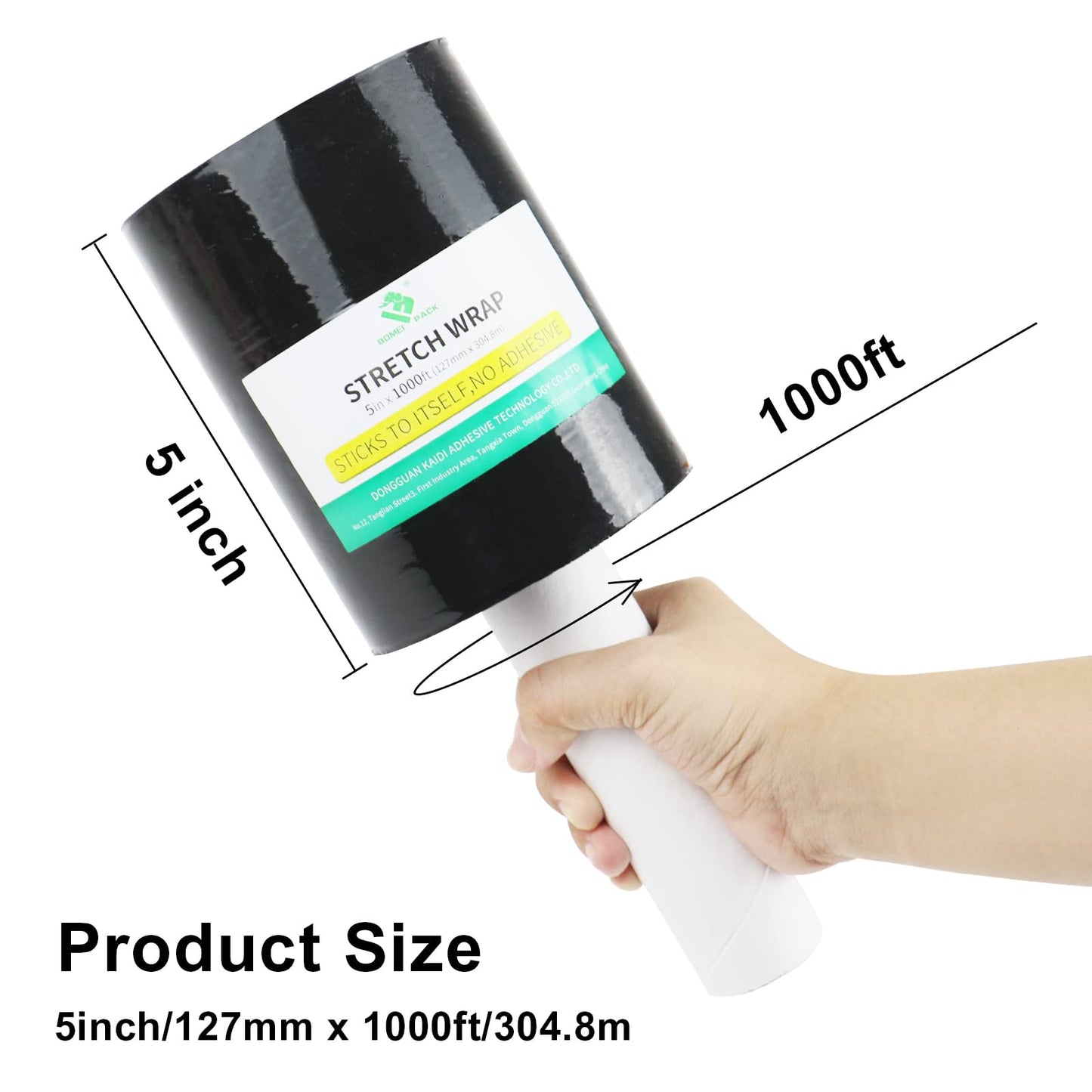 BOMEI PACK 6 Pack Industrial Black Mini Stretch Wrap Roll with Handle, 5" x 1000Feet 80 Gauge for Heavy Duty, Durable Self-Adhering Plastic Wrap for Packing, Moving