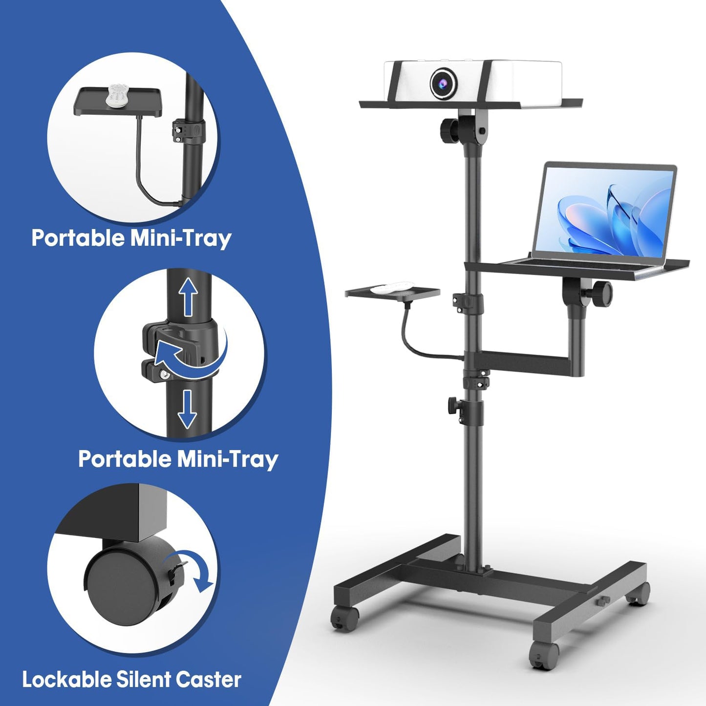 GSOW 2 Shelves Projector Stand, Height Adjustable to 47 Inches, Mobile Laptop Cart on Wheels, Heavy Duty Projector Tripod Stand, Rolling Laptop Floor Stand for Bedside, Office, Home, Game Room