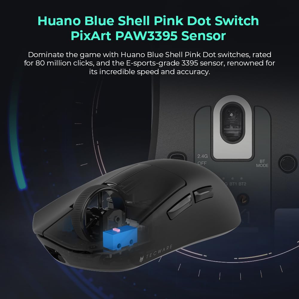 TECWARE EX1 Lightweight Gaming Mouse, 26K DPI Wireless Mouse, OLED Screen Display, 59g Lightweight, RGB Charging Dock, Tri-Mode Connectivity, Comes with PTFE Feet and Grip Tape, Gaming Mouse (Black)