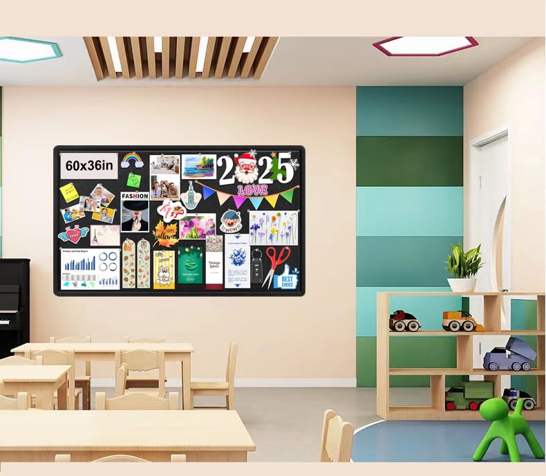 Large Bulletin Board, 60x36 Inches Cork Board Alternative, Large Felt Board Decorative Pin Board for Wall, Foldable Photo Board Self-Adhesive Vision Board with 36 Pushpins Black