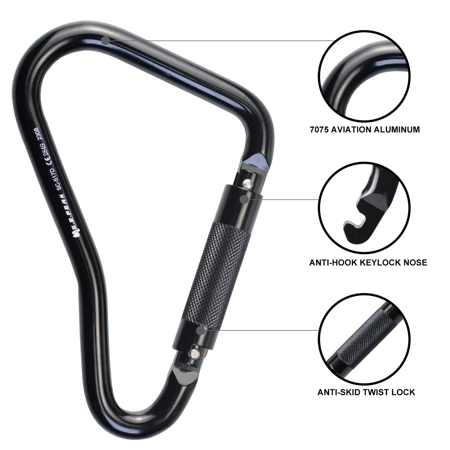 S.E.PEAK 25kN Large Aluminum Auto Locking Ladder Hook, Professional CE Certified Heavy Duty Lightweight Clip for Tower, Ladder, Fall Protection/Huge Opening Gate,Black