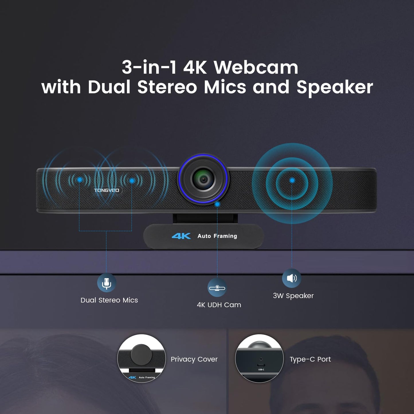 3-in-1 4K Webcam with Microphones and Speaker, AI Auto-Tracking 5X Digital Zoom Webcam 4K Adjustable Field of View Remote Control Works with Microsoft Teams, Zoom, Google Meet, PC Mac Laptop