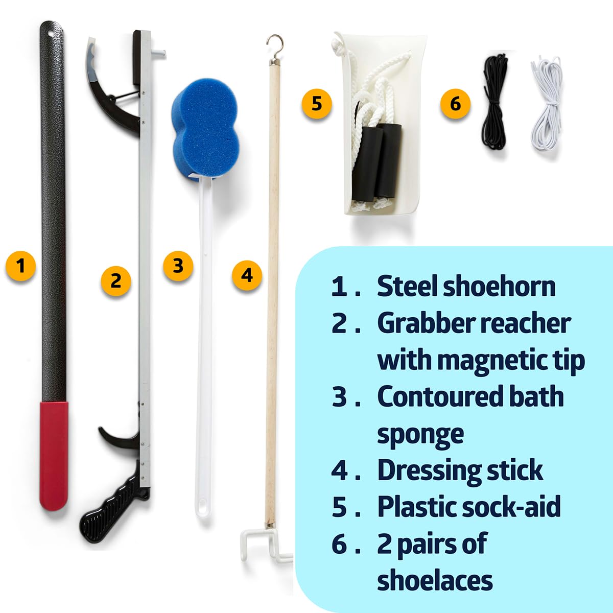 Medline Premium Hip Kit, Mobility Aids for Hip Surgery Recovery, 7-Pieces, 26" Grabber Reacher, Shoehorn, Sock-Aid, Dressing Stick, Shoelaces, Bath Sponge