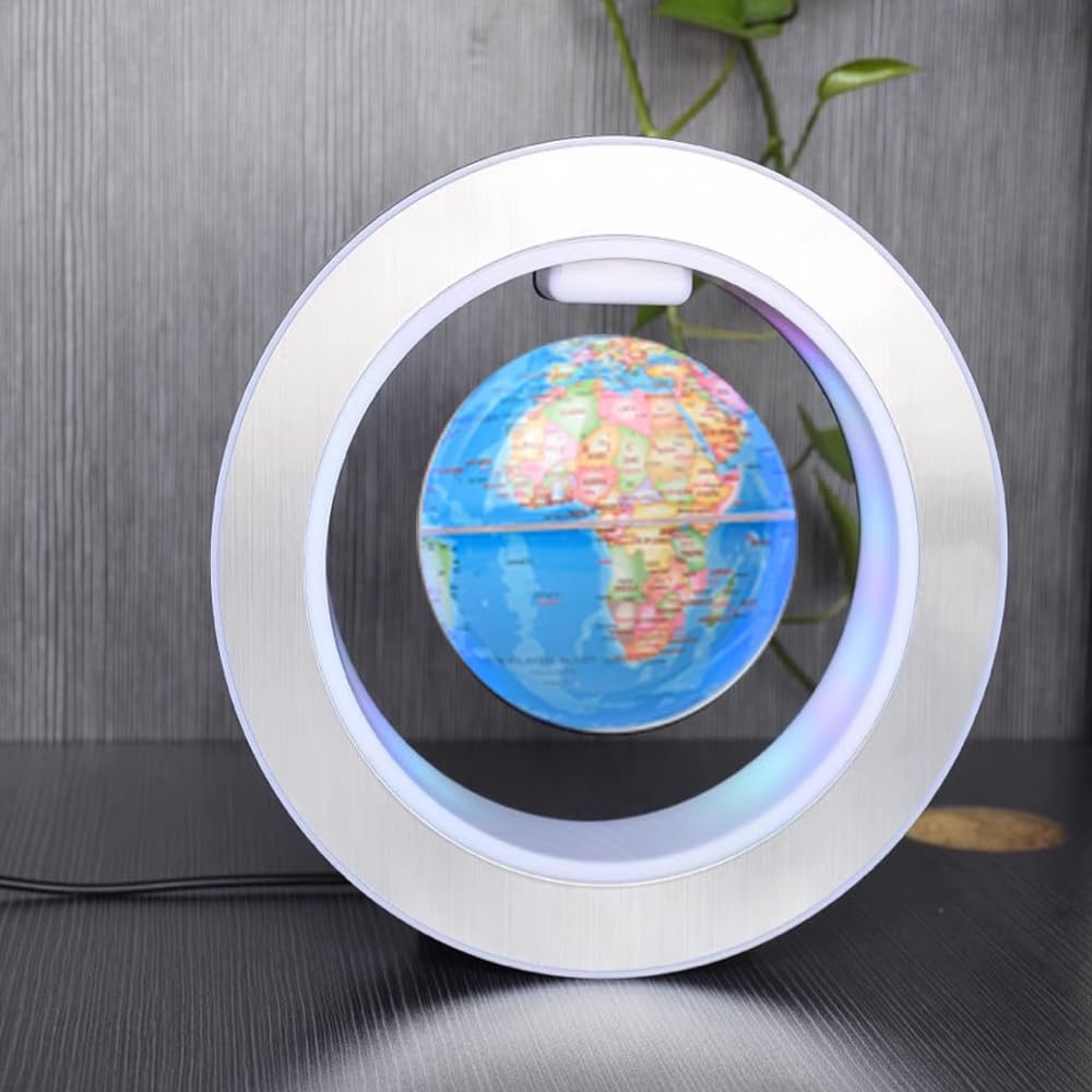 Magnetic Floating Globe, Magnetic Levitating with LED Light O Shape Frame Self-rotating Desk Gadget Decor Floating Globes World, 4inch (Light Blue)