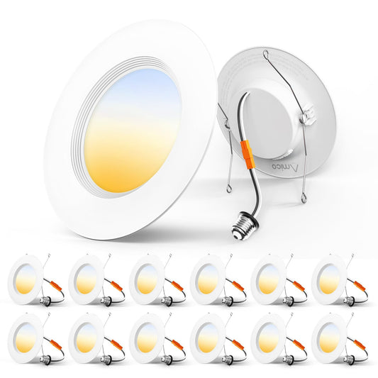 Amico 5/6 inch 3CCT LED Recessed Lighting 12 Pack, Dimmable, Damp Rated, 12.5W=100W, 950LM Can Lights with Baffle Trim, 3000K/4000K/5000K Selectable, Retrofit Installation - ETL & FCC Certified
